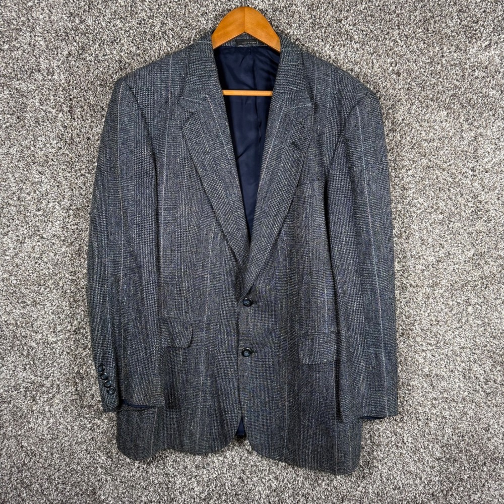 Stafford Executive Mens 100% Silk Blazer Sport Coat Blue Grey‎ Plaid 43R Texture
